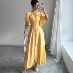 Women's Solid-Colored Split Simple Dress With Petal Sleeves